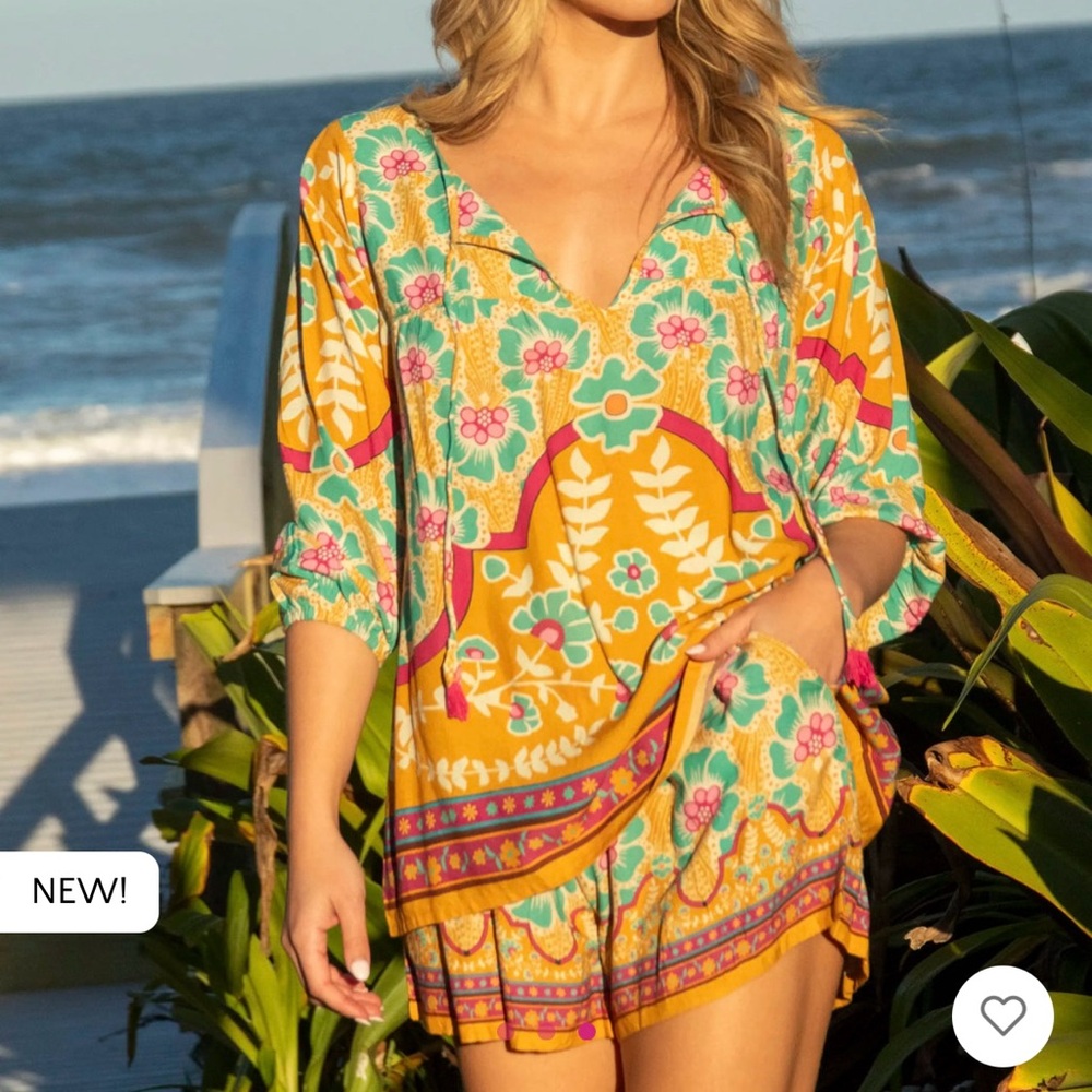 Maribel top and shorts - mustard turquoise floral top and shorts
